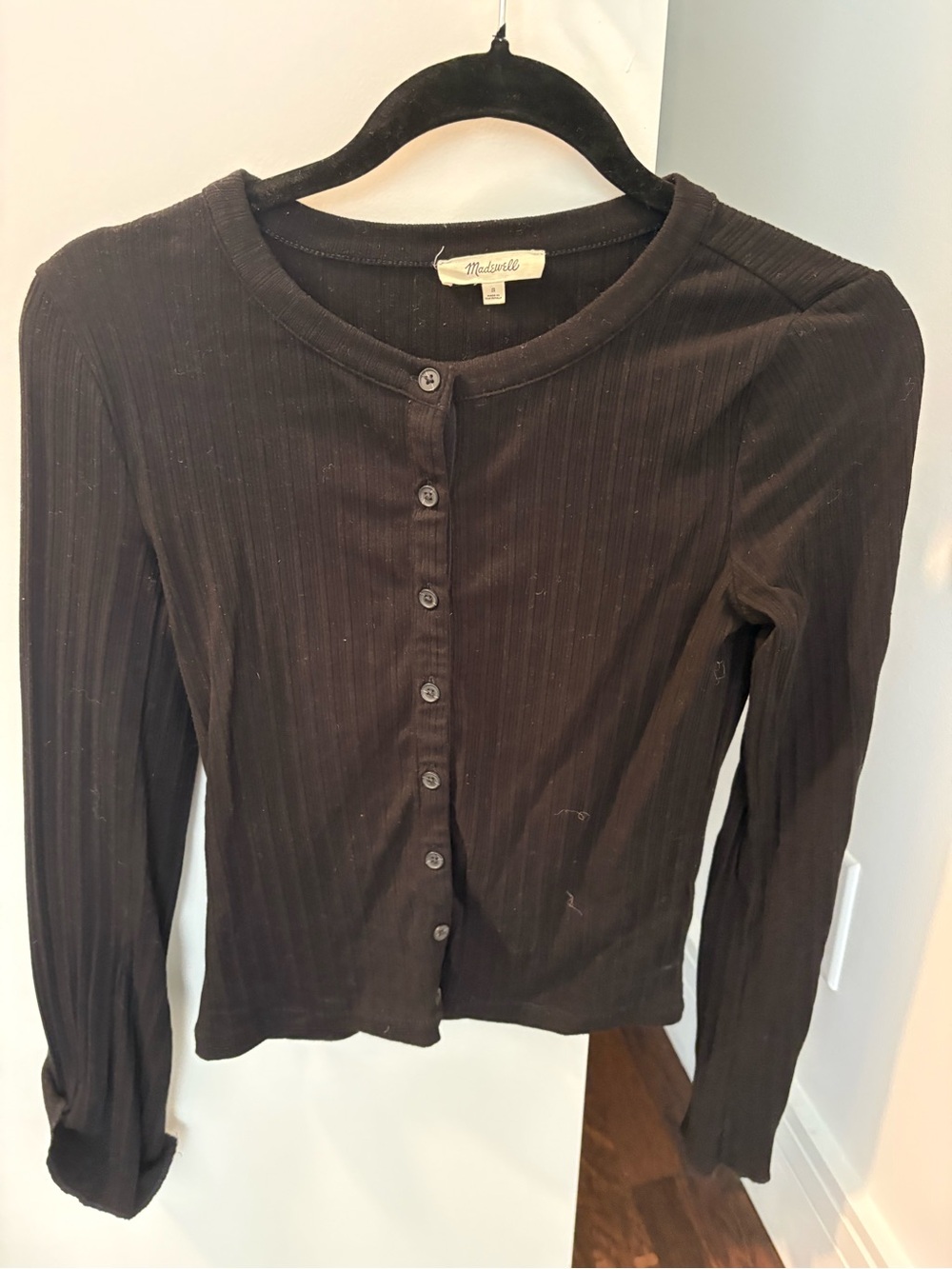 Madewell Black Ribbed Button-Front Long Sleeve Tee